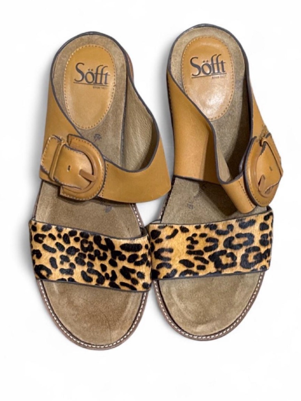 Sofft Braye Leopard Printed Slide Sandals 9.5M Luggage Tan Leather